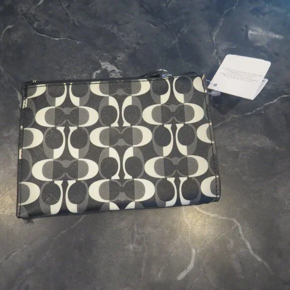 Coach Black White Grey Signature Zip Pouch Keychain Wallet 14.5 x 10 x 2 cm (B1) - Picture 2 of 6